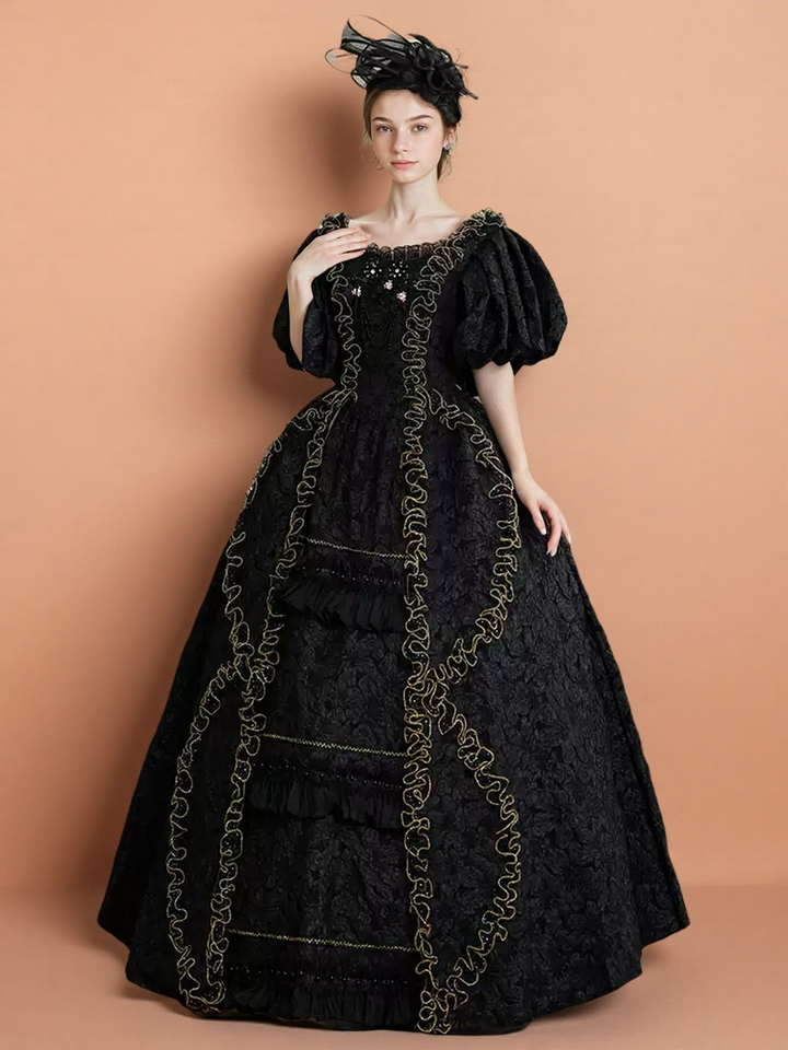 Gothic Victorian Ball Gown in Black Floral Jacquard with Puff Sleeves and Gold Trim – Plus Size