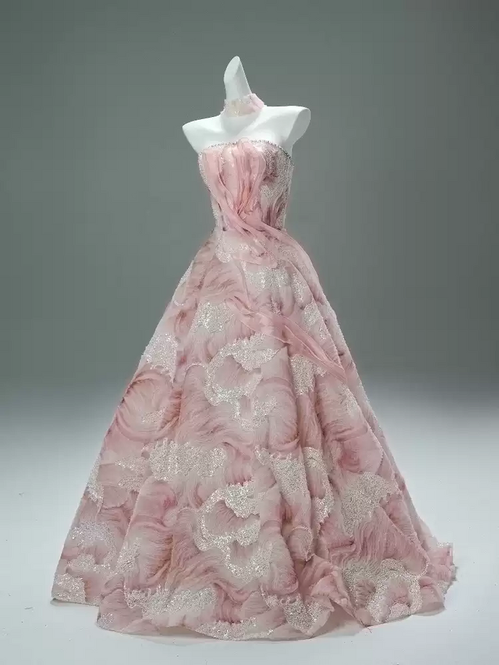 Pink Evening Dress Ball Gown with Glitter Floral Embroidery – Strapless Evening Gown with Sheer Neck Wrap Plus Size