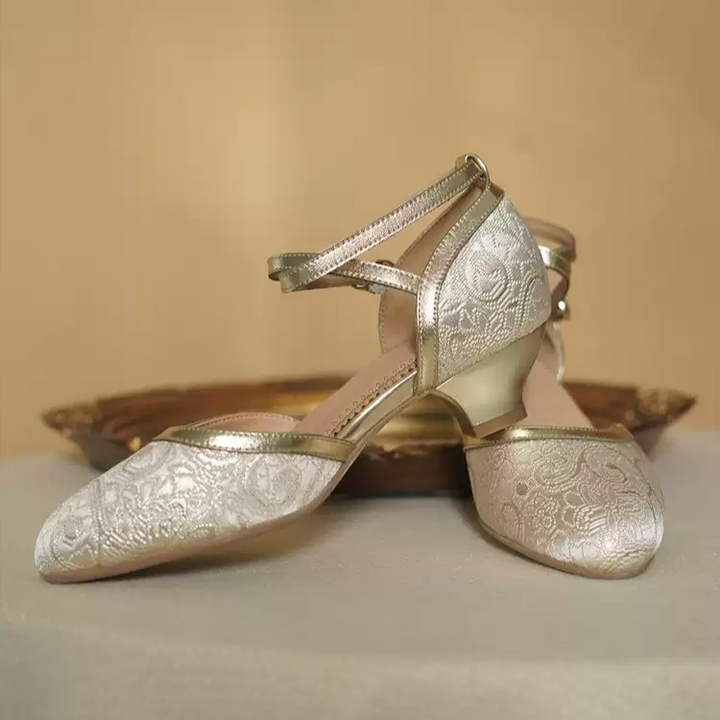 "Golden Reverie" – Handmade Vintage Brocade Low Heel Mary Jane Shoes