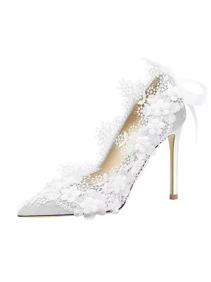 Bridal White Floral Lace High Heels - Vintage Wedding Pumps