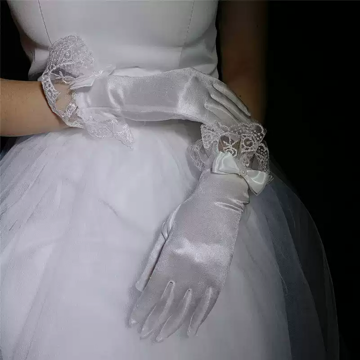 Vintage-Inspired Satin Bridal Gloves with Lace Detailing and Ribbon Accents