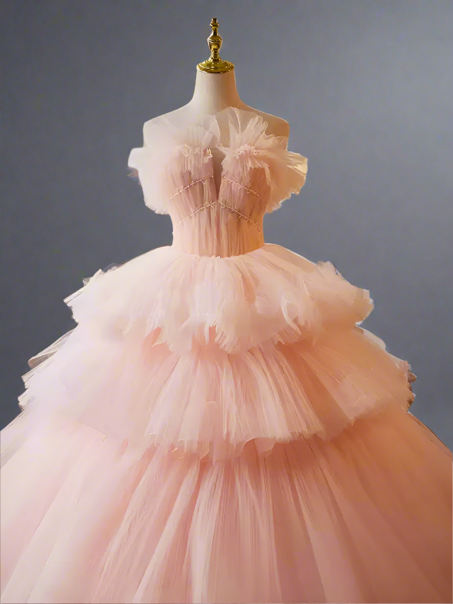 Pink Tiered Ball Gown - Corset Tulle Dress with Layered Ruffle Skirt – Layered Tulle Ruffle Dress Plus Size