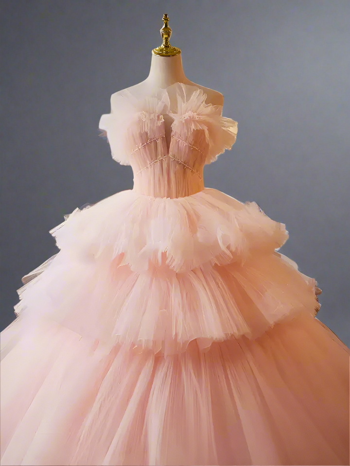 Pink Tiered Ball Gown - Corset Tulle Dress with Layered Ruffle Skirt – Layered Tulle Ruffle Dress Plus Size