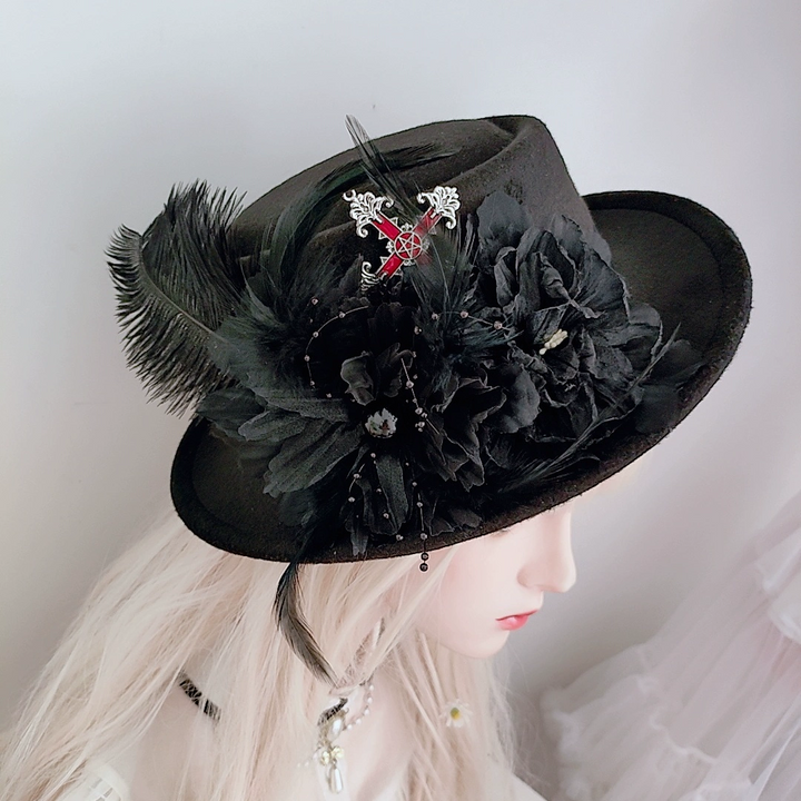 Gothic Hat with Cross Detail - Black Gothic Hat - Black Hat with Feather