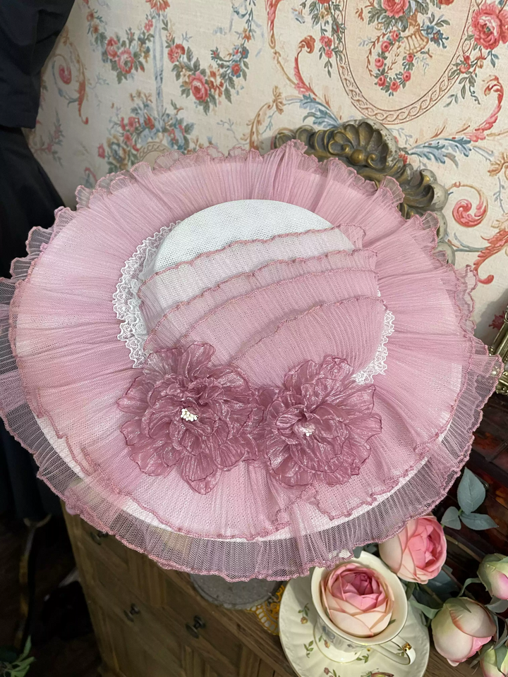 Vintage-Inspired Pink Lolita Hat with Delicate Floral Accents and Tulle