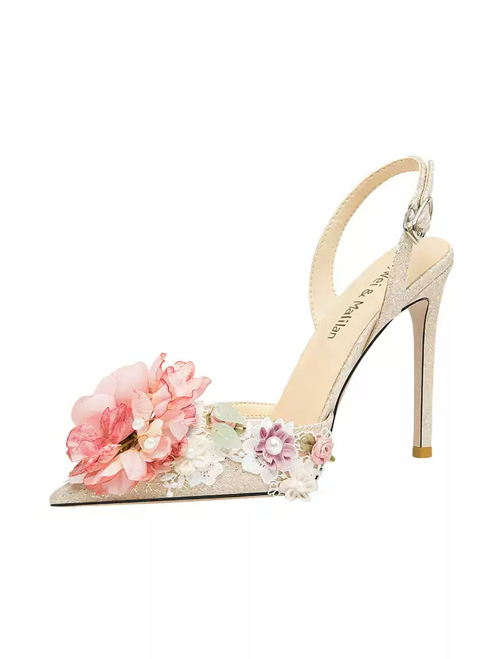 Champagne Floral Embellished Glitter High Heel Sandals - Summer Designer Style