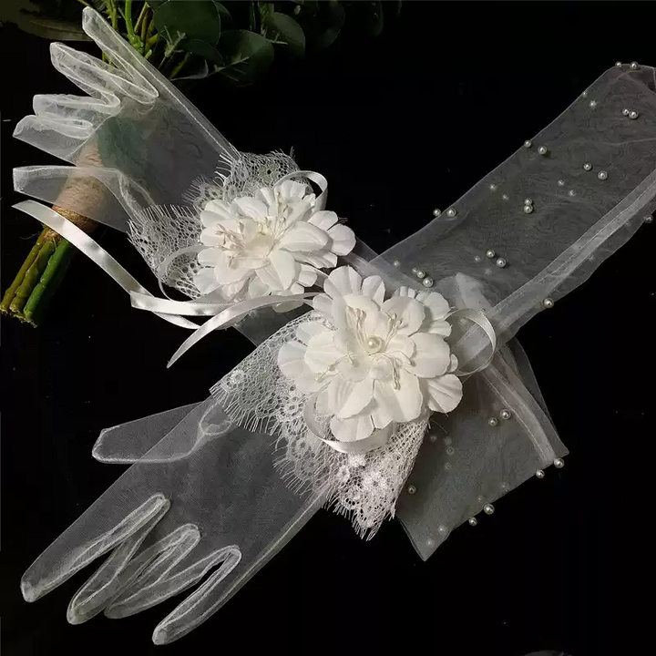 Elegant Long Floral Bridal Gloves with Lace and Pearl Accents