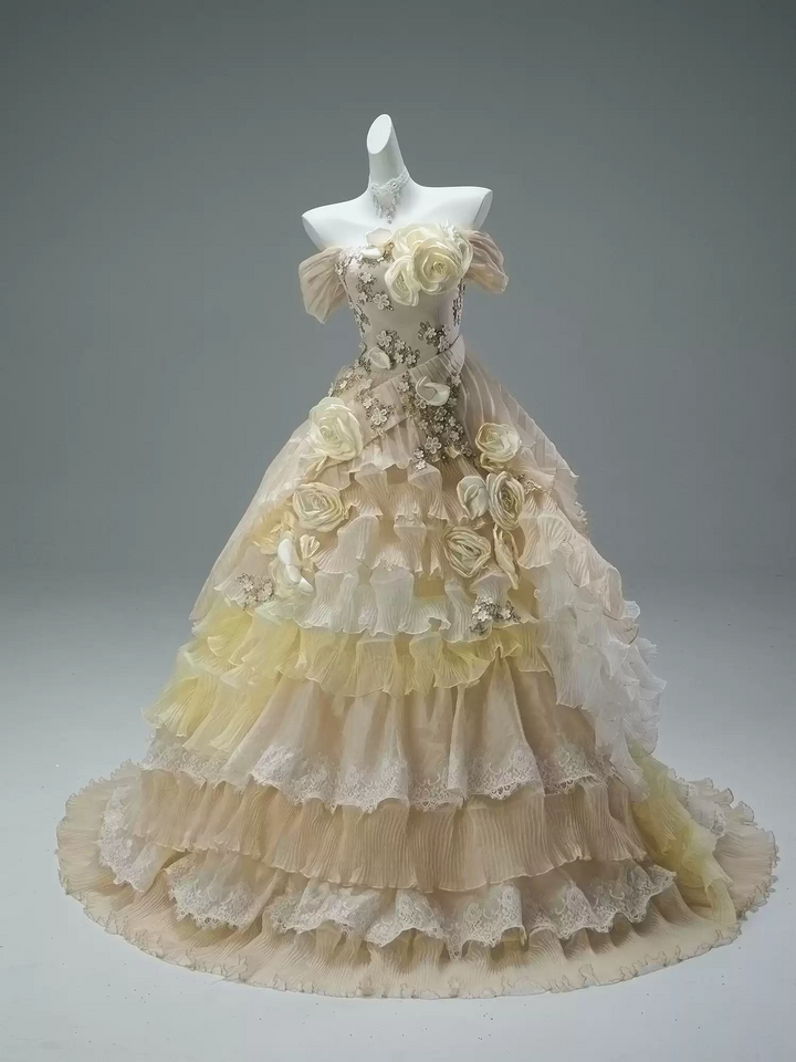 Yellow Fairytale Layered Tulle Ruffle Dress with Floral Appliqué – Off the Shoulder Evening Dress with Corset Back Plus Size
