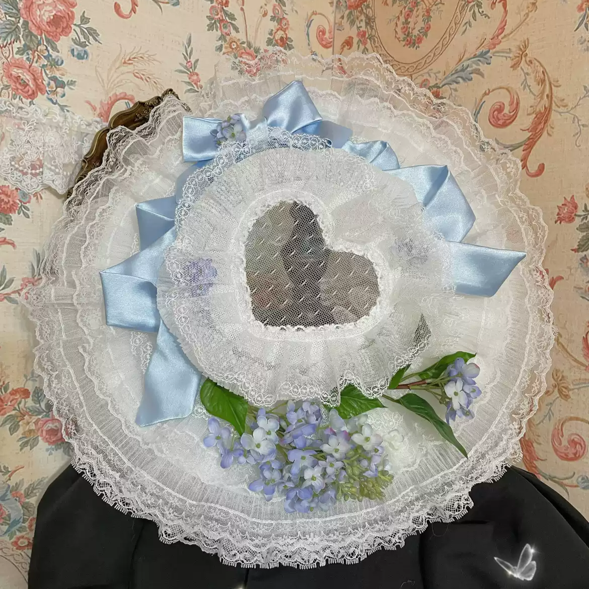 Vintage-Inspired Blue Lolita Hat with Floral - Lace Bonnet with