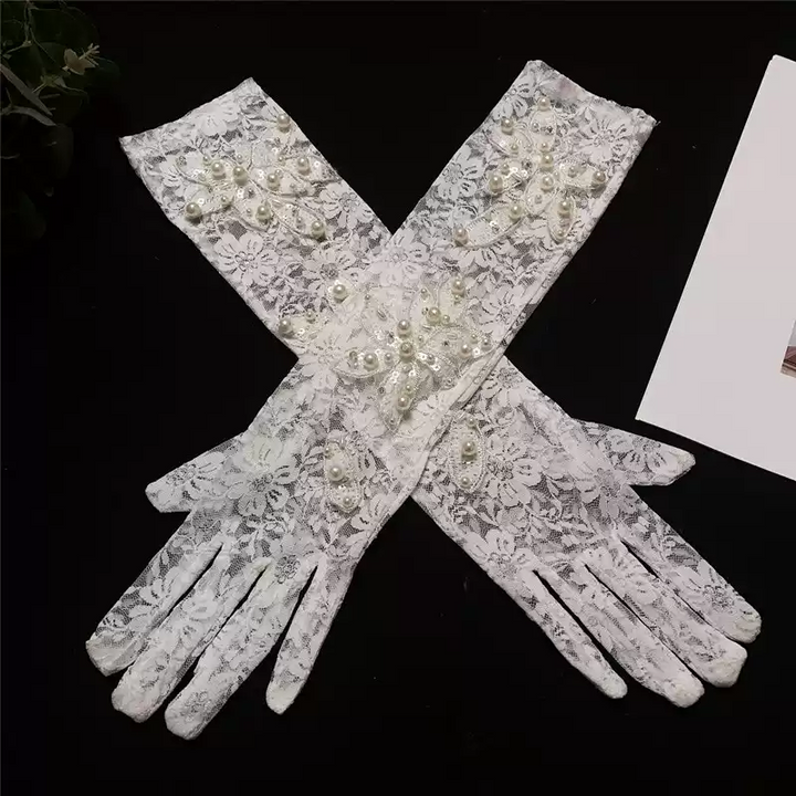 Luxurious Long Lace Bridal Gloves with Pearl Detailing and Floral