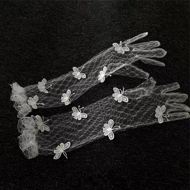 Enchanted White Lace Bridal Gloves with Butterfly Appliqués