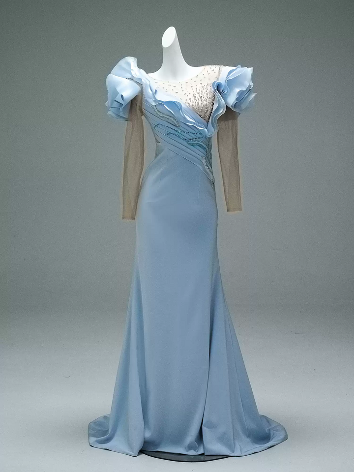 Light Blue Mermaid Evening Dress with Ruffle Sleeves – Long Sleeve Evening Dress with Beaded Bodice and Lace-Up Back Plus Size
