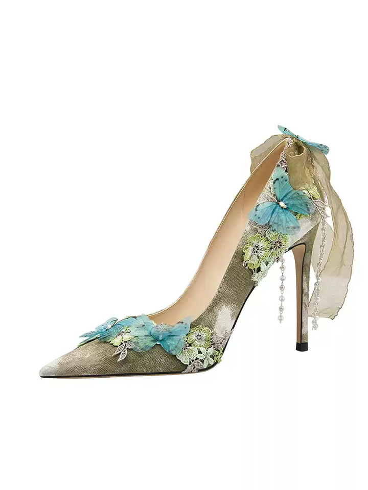 Lolita-Inspired Green Butterfly and Tassel High Heels for Fairy Aesthetic