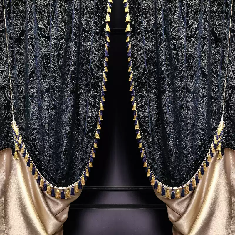 “Nocturne in Gold” Rococo Curtains – Velvet Versailles Drapes with Baroque Tassels for Romantic Home Interiors