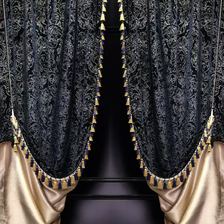 “Nocturne in Gold” Rococo Curtains – Velvet Versailles Drapes with Baroque Tassels for Romantic Home Interiors