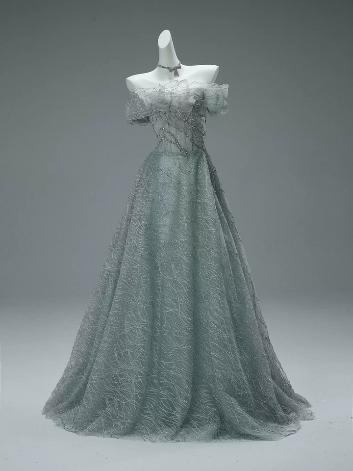 Green Off the Shoulder Evening Dress – Designer Sequin Gown with Sequin Embroidery and Matching Choker Plus Size