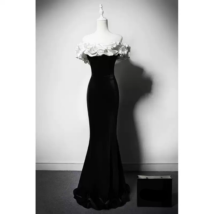 Gothic Black Mermaid Evening Gown - Off the Shoulder Evening Dress with Ruffle Neckline - Black Evening Dresses Plus Size