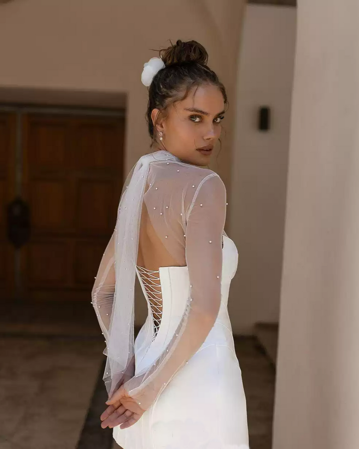 Short Wedding Party Dress with Sheer Pearl Sleeves and Corset Back – Long Sleeves Wedding Dress Plus Size
