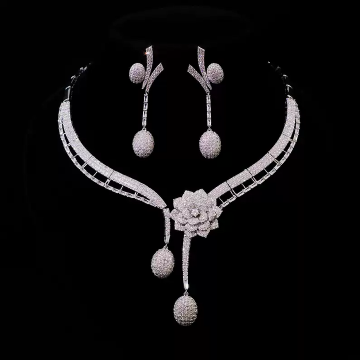 Vintage-Inspired Bridal Earrings and Floral Necklace – Silver Jewelry Set