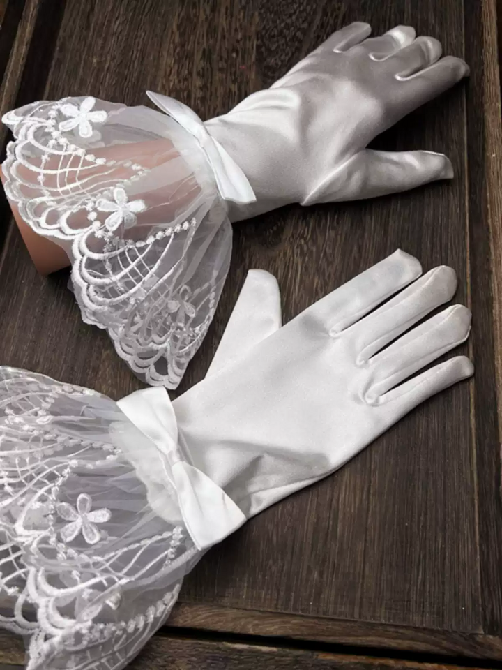 Vintage-Inspired Satin Bridal Gloves with Lace Fan Detailing and Bow Accents