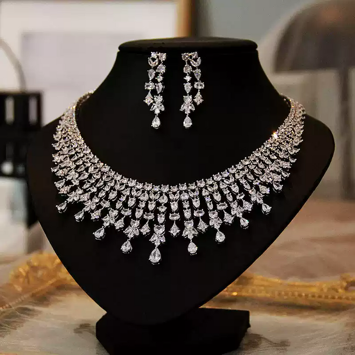 Luxurious Zircon Bridal Necklace and Earrings Jewelry Set