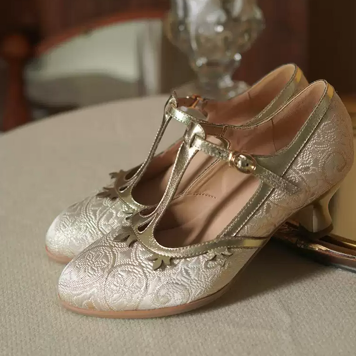 "Golden Garden" – Handmade Embroidered T-Strap Mary Jane Heels