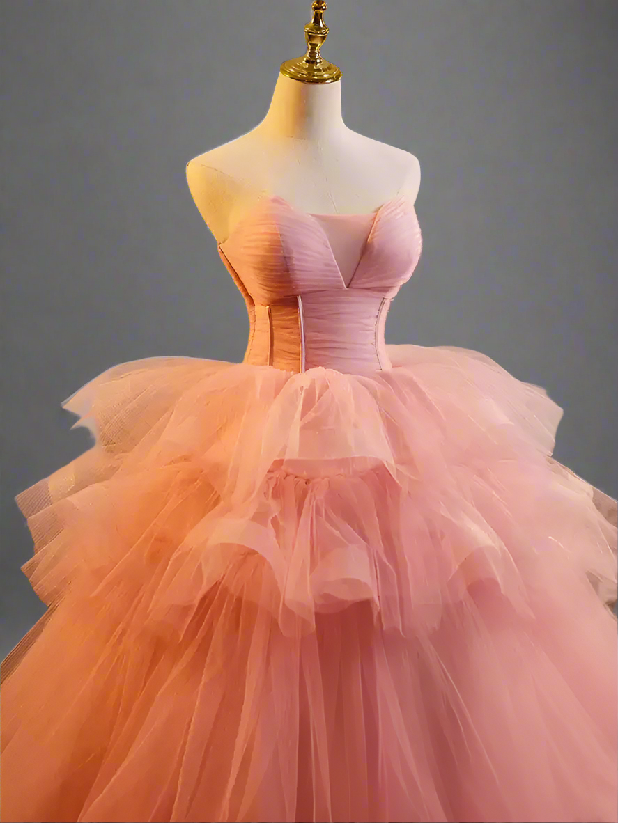 Pink Strapless Evening Ball Gown - Princess Ball Gown with Corset Back - Layered Tulle Ruffle Dress Plus Size