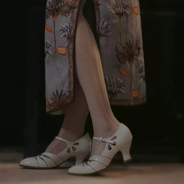"Dancing Lights" – Handmade White Vintage Leather T-Strap Heels