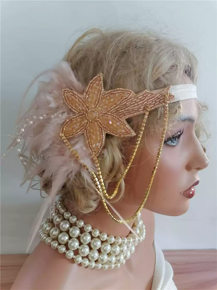 Vintage-Inspired Flapper Headband with Pearl and Feather Accents