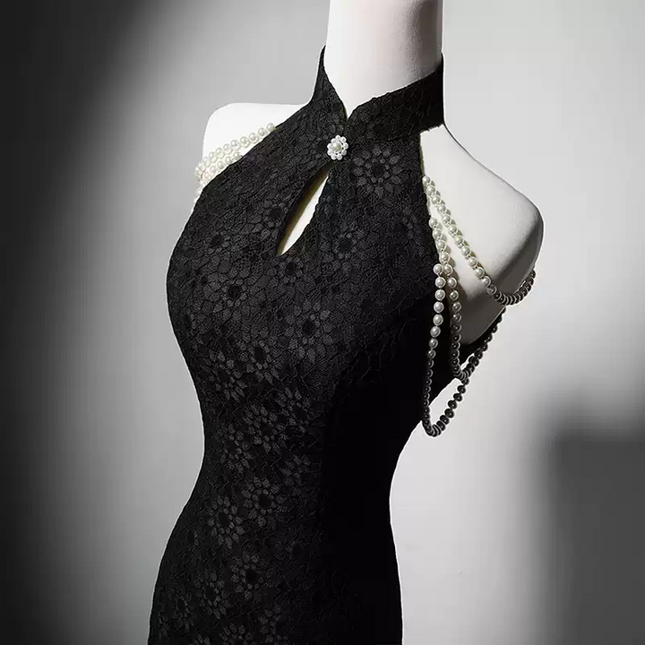 Black Lace Cheongsam Dress with Pearl Shoulder Draping - Elegant Sleeveless Black Qipao Dress with High Neck Plus Size