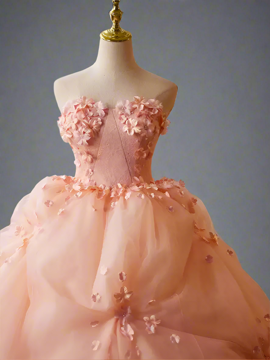 pink fairy wedding dress Pastel Pink Floral Appliqu Tulle Ball Gown with Strapless Corset Bodice Romantic Fairy Princess Evening Dress Couture Plus Size Size 0 / Pink / No