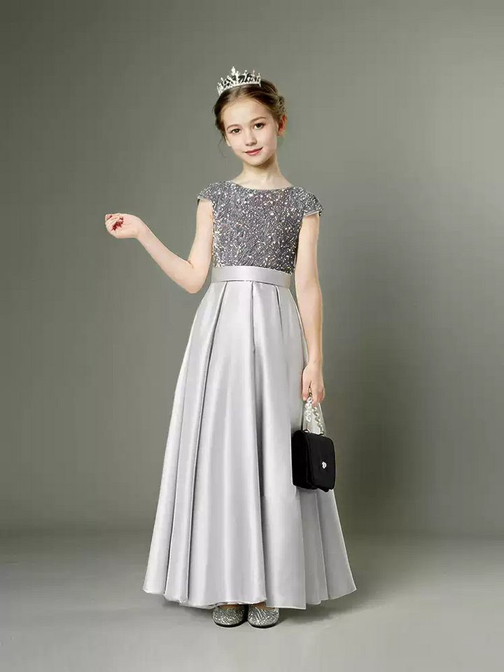 Grey Satin Flower Girl Dress with Glitter Bodice – Special Occasion Flower Girl Dress with Bow Plus Size