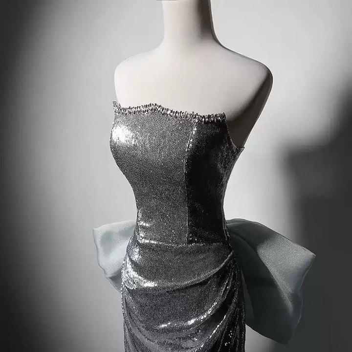 Silver Strapless Glitter Dress with Bow - Silver Designer Sequin Gown with Flowing Skirt - Sequins Evening Gown Plus Size