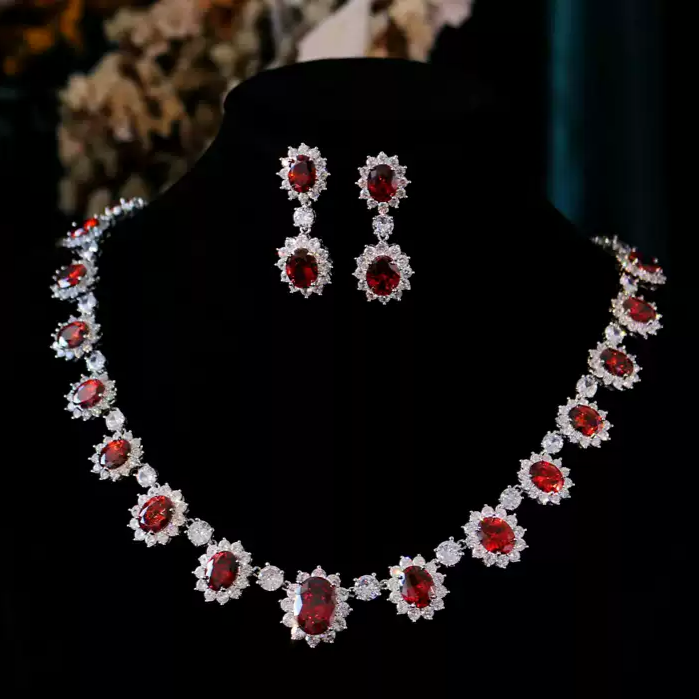 Scarlet Empress – Red Crystal Halo Necklace & Earrings Set