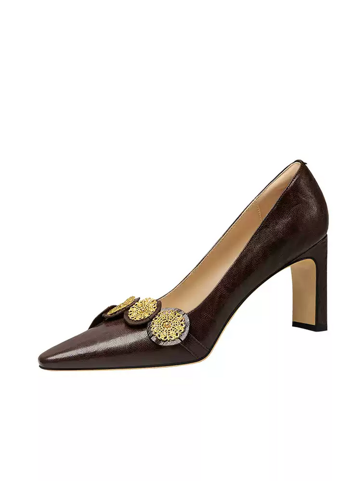 Vintage Inspired Brown Leather High Heels with Gold Metal Accents  - Toe Design