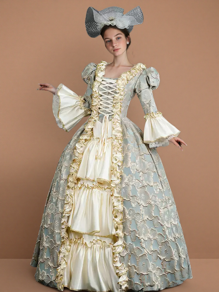 Rococo Pale Blue and Gold Embroidered Ball Gown – Vintage Court Dress with Lace-Up Bodice and Satin Skirt