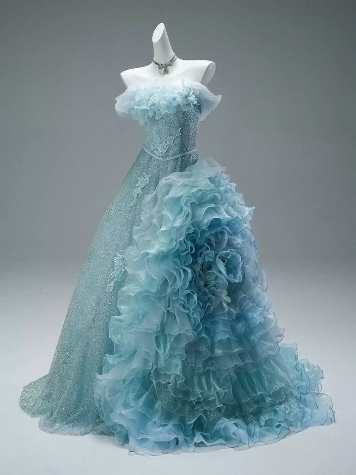 Blue Strapless Layered Tulle Ruffle Dress with Floral Appliqué – Sparkly Sequin Evening Dress with Corset Plus Size