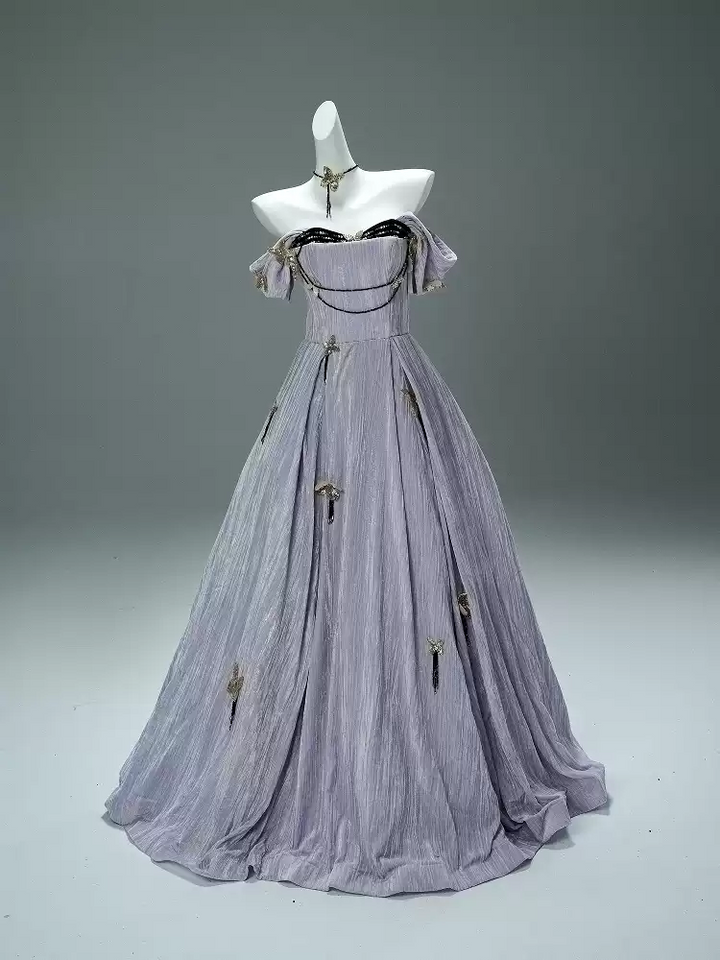 Lavender Purple Evening Dress with Butterfly Appliqué – Velvet Evening Gown with Corset Back and Matching Choker Plus Size