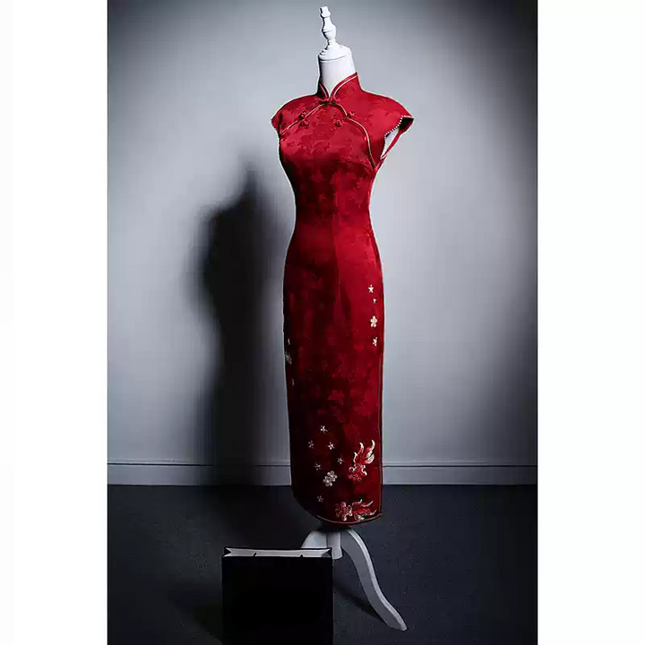 Red Cheongsam Dress with Floral Embroidery - Elegant Red Qipao Dress with Slit and High Neck Custom Order Plus Size