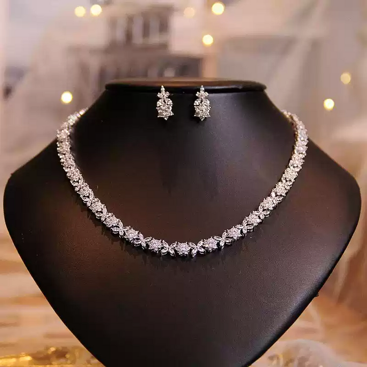 Petal Lattice – Floral Crystal Necklace & Earrings Set