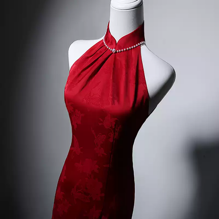 Red Halter Cheongsam Dress with Pearl Detailing - Elegant Sleeveless Formal Qipao Gown with Floral Jacquard Plus Size