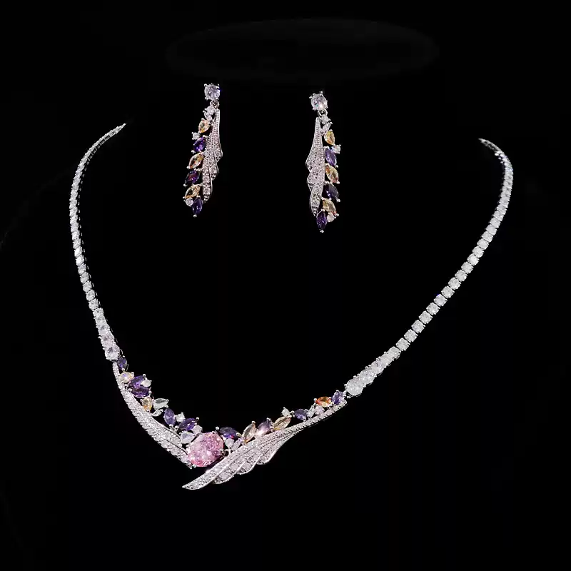 Luxurious Purple Color Necklace and Earrings - Silver Jewelry Set