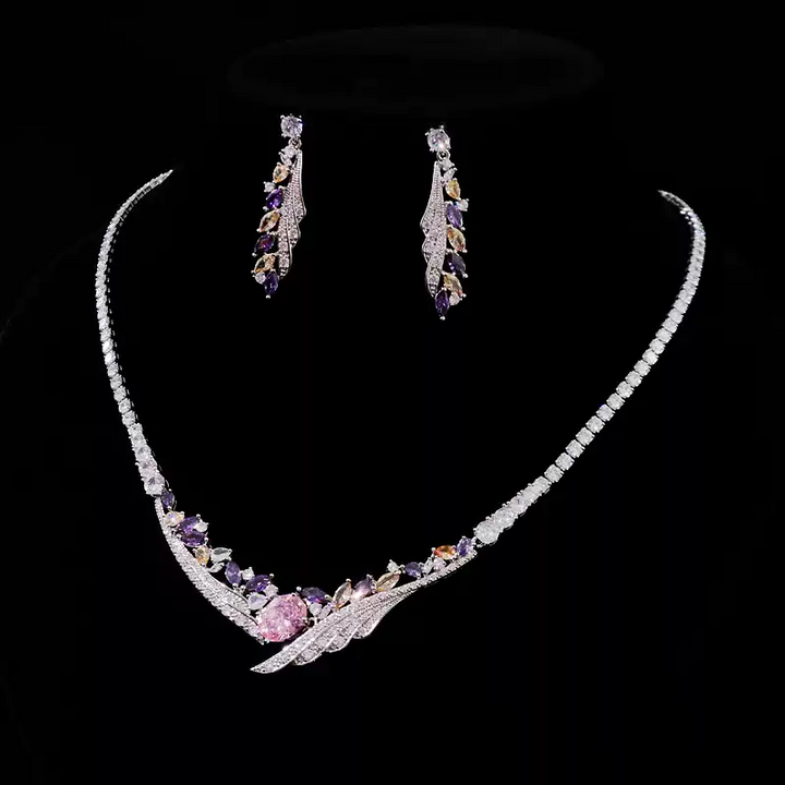 Luxurious Purple Color Necklace and Earrings - Silver Jewelry Set