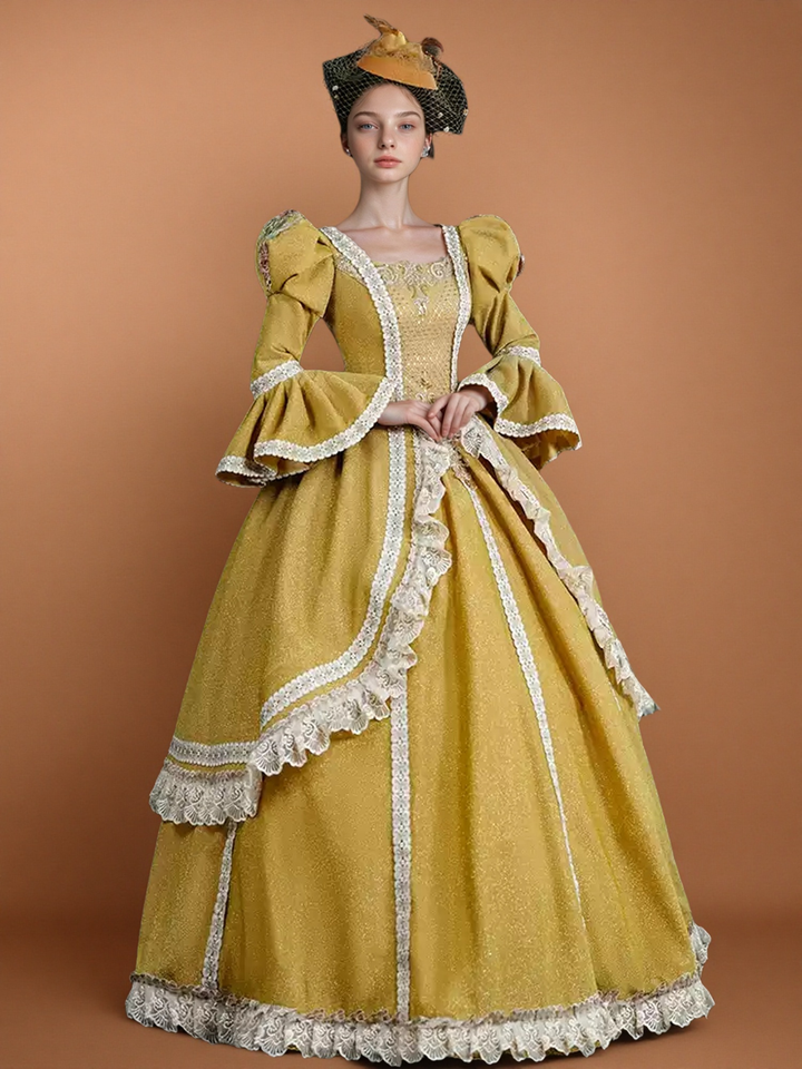Golden Rococo Ball Gown with Ruffle Lace Trim – Vintage Puffy Sleeve Court Dress