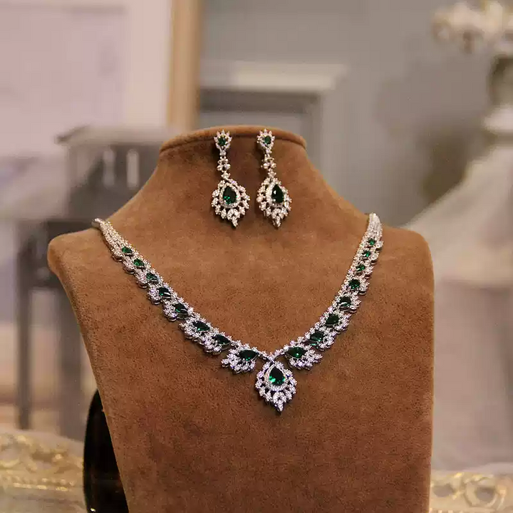 Elegant Gold-Plated Zircon Jewelry Set - Necklace and Bride Earrings