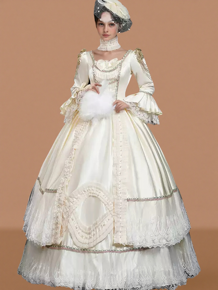 Ivory Rococo Ball Gown with Lace Ruffles – Long Sleeve Court Dress with Pearled Bodice and Tiered Skirt