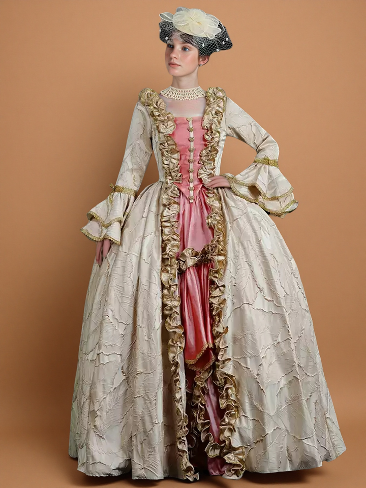 Marie Antoinette Rococo Style Dress in Cream and Rose Pink with Ruffle Trim and Lace Sleeves – Victorian Ball Gown Plus Size