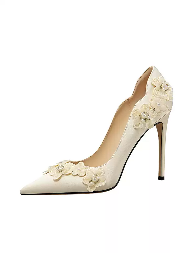 Bridal Champagne and Silver High Heels - Elegant Pearl-Embellished Design