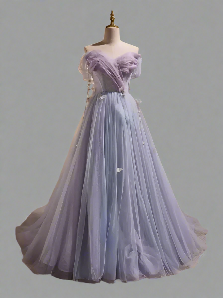 Purple Tulle Ball Gown Evening Dress - A-Line Wedding Gown with Sweetheart Neckline - Elegant Purple Evening Dress Plus Size