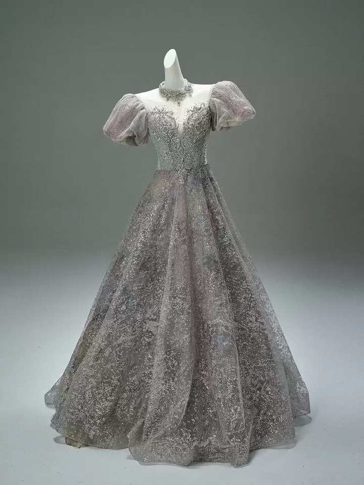 Gray Sequin Evening Dress with Puff Sleeves – Designer Sequin Gowns with Lace-Up Back Plus Size